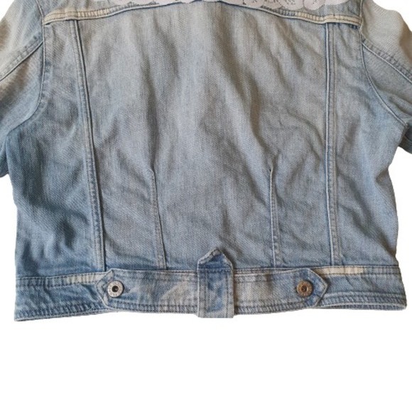 Size L 12 Designer Cropped Distressed Denim & Lace Jacket - Picture 13 of 15